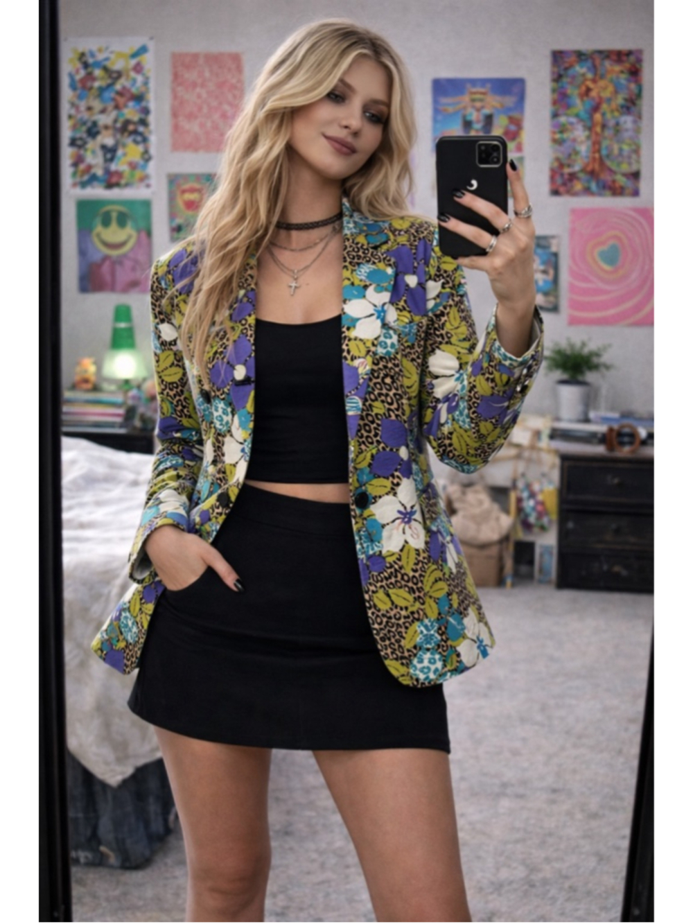 vintage floral leopard blazer funky 90s y2k artsy statement jacket L